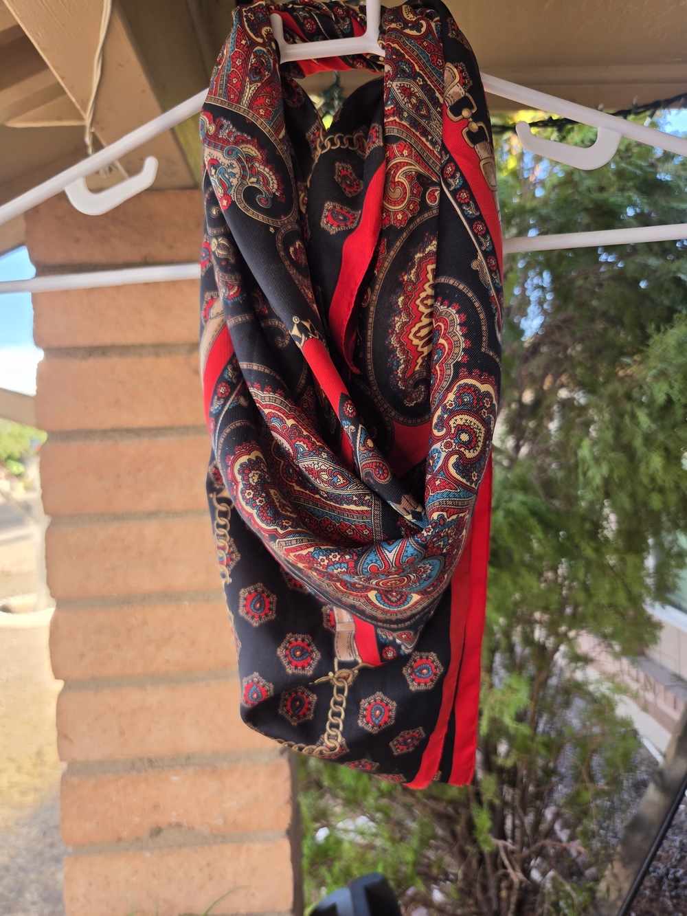 Vintage Worthington Scarf Made in Italy Bold Red & Black Paisley Chain Print